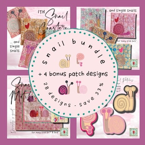 Puede incluir: Un círculo rosa y verde con el texto "Snail Bundle" y "28 diseños - save 33%" en su interior. El círculo está rodeado de imágenes de diseños de bordado de caracoles para un aro de 5x5 cm, 5x7 cm y 8x8 cm.