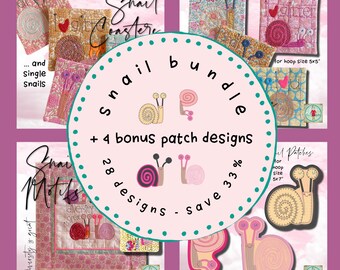 Snail Bundle - 28 cute snail designs + 4 bonus patch designs only in this bundle - Coasters, MugRugs and Motifs - from hoop size 4x4 to 8x8