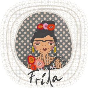 Puede incluir: Una ilustraci&oacute;n colorida de Frida Kahlo con un fondo gris de lunares. Lleva un vestido de encaje negro con flores y una corona de flores en la cabeza. La palabra "Frida" est&aacute; escrita debajo de la imagen.