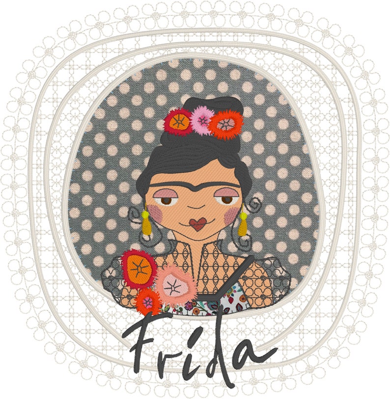 Puede incluir: Una ilustraci&oacute;n colorida de Frida Kahlo con un fondo gris de lunares. Lleva un vestido de encaje negro con flores y una corona de flores en la cabeza. La palabra "Frida" est&aacute; escrita debajo de la imagen.