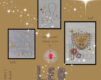 Leo Zodiac Sign - Appliqué and Embroidery - Hand-drawn Machine Embroidery Designs – for Hoop 5x7" – 3 Motifs