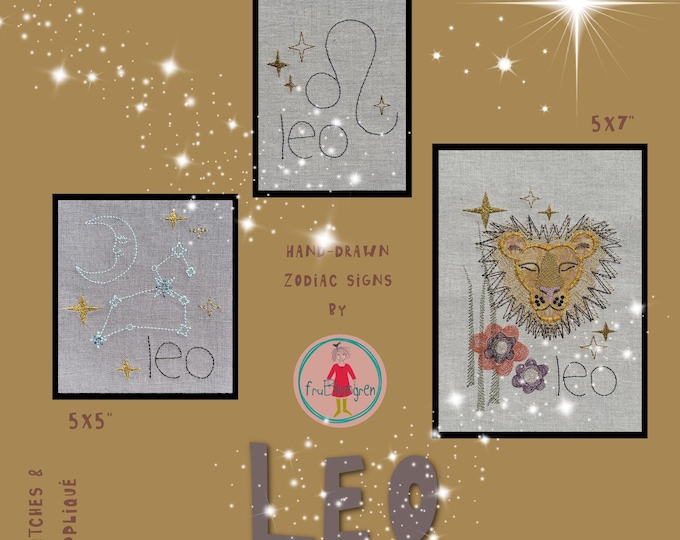 Leo Zodiac Sign - Appliqué and Embroidery - Hand-drawn Machine Embroidery Designs – for Hoop 5x7" – 3 Motifs