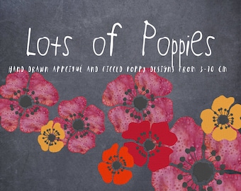 LOTS OF POPPIES - 9 hand drawn Poppies - Machine Embroidery designs and Appliqués in different variants and sizes - 8 singles + 3 in a row