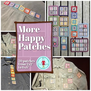 May include: A collection of square embroidered patches featuring various colors, floral motifs, and text including "TIME", "HOPE", "SMILE", and "FRU BLOOM GREN". The patches range from 2x2 inches to 6x6 inches and are shown applied to olive and gray jackets.