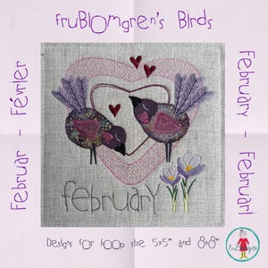 Februari-vogelapplicatie machineborduurwerk quiltblok | Handgetekend