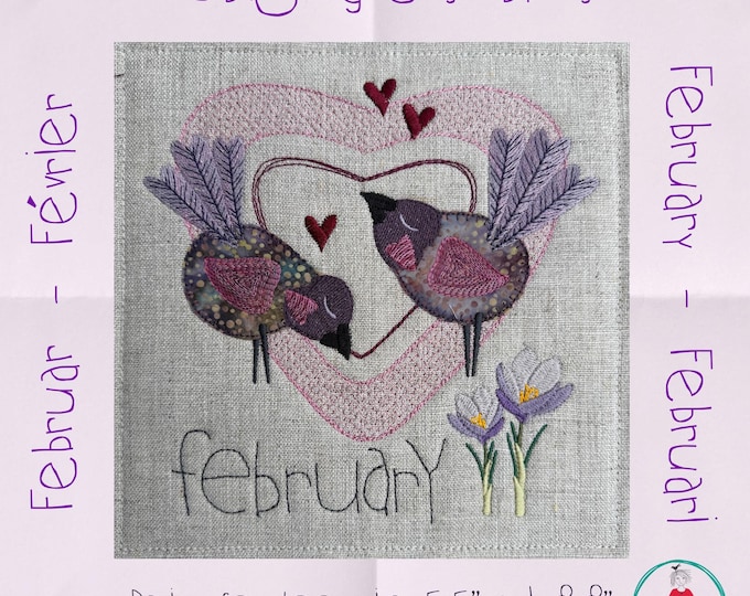 February Bird Appliqué Machine Embroidery Quilt Block | Hand Drawn