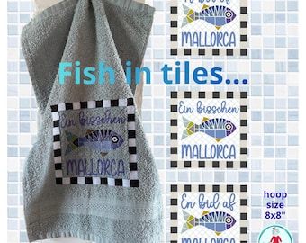 Fish in Tiles, Mallorca Machine Embroidery Designs, 8x8 Hoop, Towel Embroidery, Fish Lemon Summer Embroidery