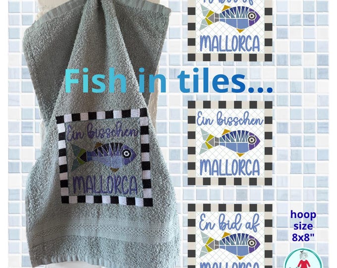 Fish in Tiles, Mallorca Machine Embroidery Designs, 8x8 Hoop, Towel Embroidery, Fish Lemon Summer Embroidery