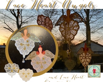 7x7" Freestanding Lace Heart Angels and Heart Ornaments to make on your embroidery machine - 4 delicate Hand drawn designs for hoop 18x18 cm