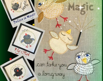 APPLIQUÉ BIRDS and a little MAGIC - 8 versatile appliqué designs with Cute Birds and texts - Embellish many kind of textile projects