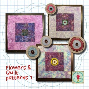 May include: Three quilt patterns featuring floral designs in shades of purple, pink, and yellow. The patterns are framed in brown wood and surrounded by a green grid pattern. The text "Flowers & Quilt patterns 1" is at the bottom of the image.