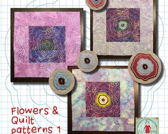 Flowers and Quilt Patterns 1 of 6 - 5 hand drawn Quilt patterns for hoop size 8x8 and 4 hand drawn embroidery flowers