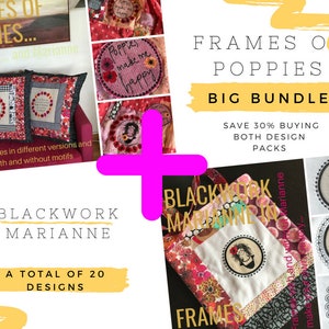May include: A promotional image for a design bundle featuring poppy-themed embroidery patterns. The image includes two decorative pillows, embroidered circles, and a tote bag, all showcasing floral and portrait designs. Text includes "Frames of Poppies" and "Blackwork Marianne".