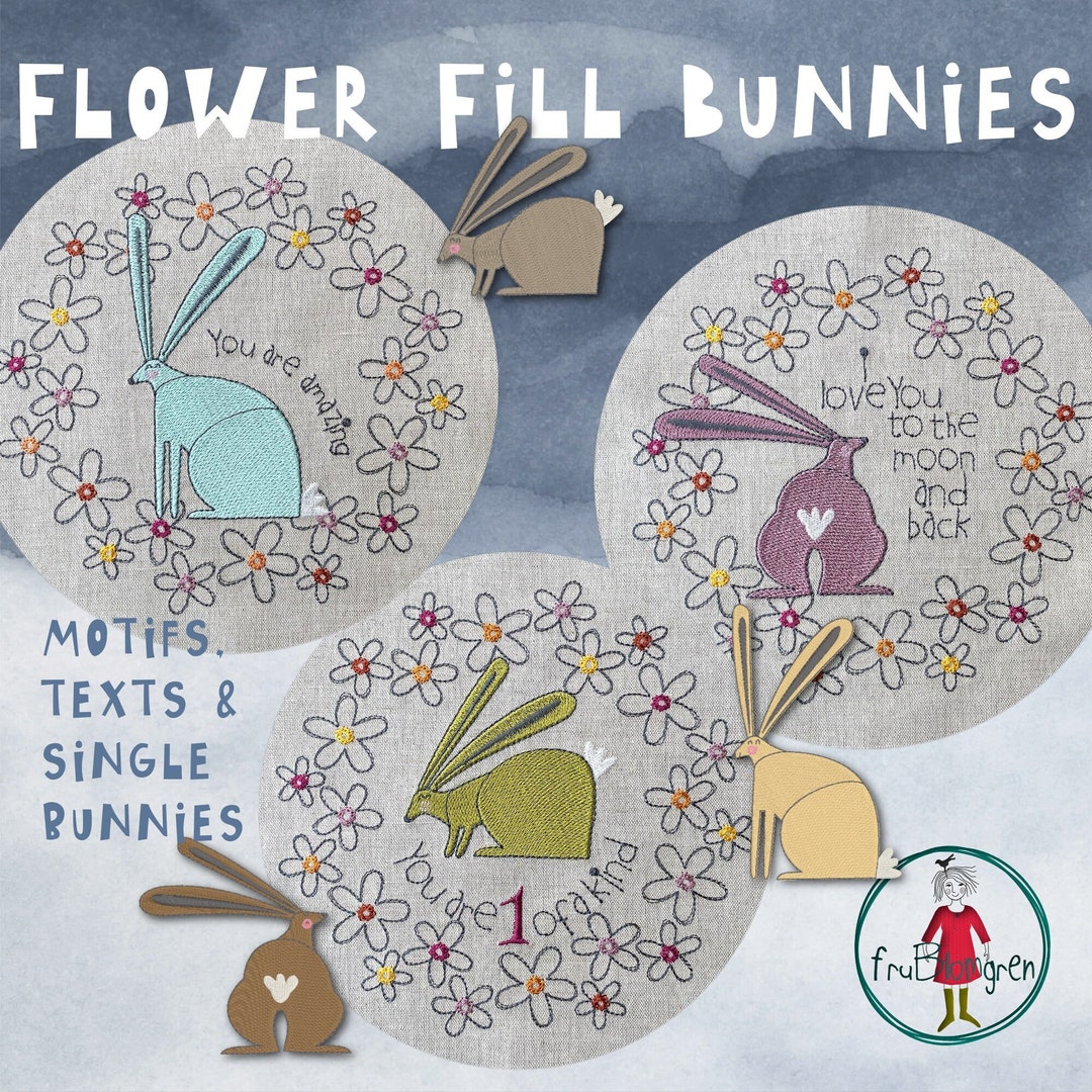 10 Hand Drawn BUNNY DESIGNS in Doodle Flower Wreaths With Texts and as ...