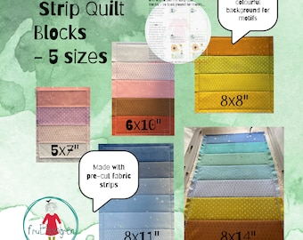 May include: Five different sizes of colorful fabric strip quilt blocks, measuring 5x7 inches, 6x10 inches, 8x8 inches, 8x11 inches, and 8x14 inches. The blocks are made with pre-cut fabric strips and are perfect for use as a background for quilting motifs.