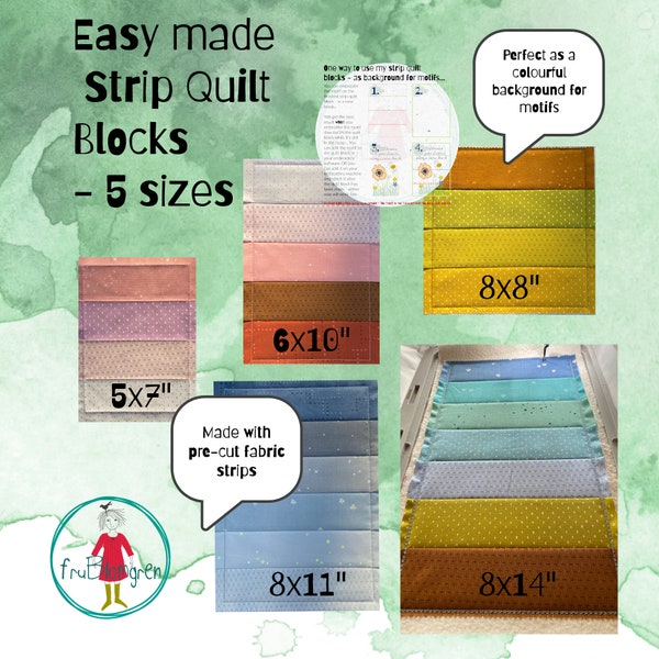 5 Easy ITH Strip Quilt Blocks for Embroidery Machines - to use as are or as background for motifs - 5 sizes + 5 simple cross stitch frames