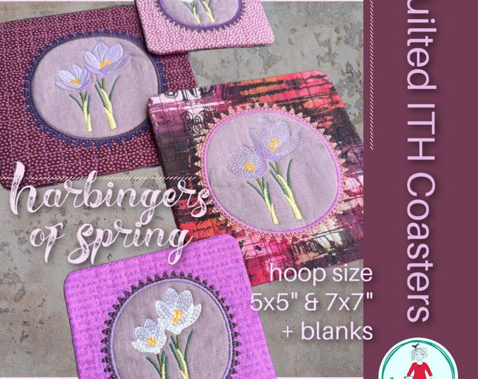 4 ITH Appliqué Coasters in two sizes + 2 blank designs - Harbingers of Spring | Hand-drawn Crocuses | Machine Embroidery