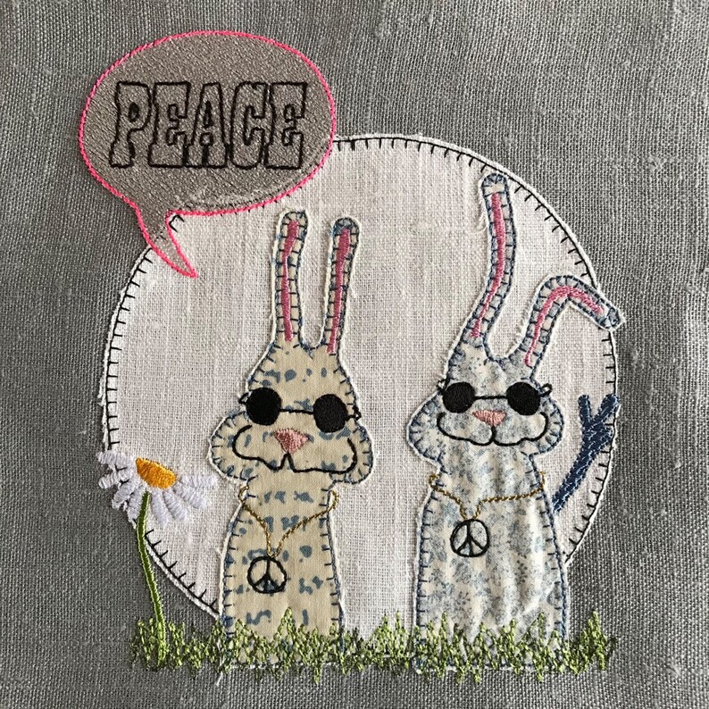 PEACE love and harmony Whimsical and cute Machine Embroidery Designs with my HIPSTER BUNNIES bringing Peace, 4 designs included image 2