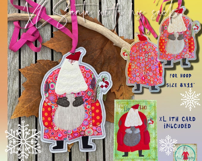 XL freestanding, double-sided raw-edge Appliqué Santa design and XL Card ITH also with Santa - for hoop size 8 x 11" - tutorial included