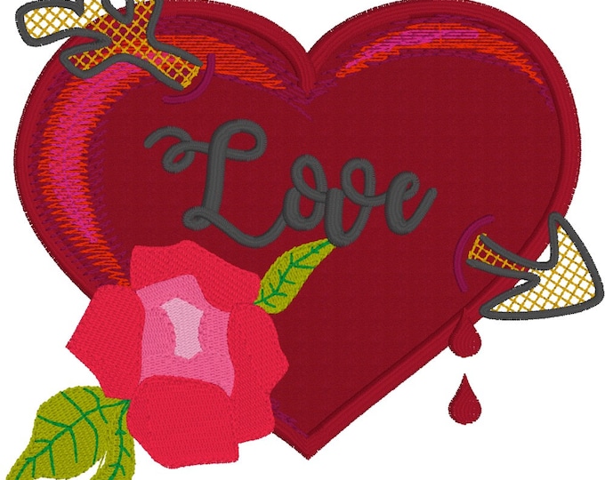 EMBROIDERY HEART TATTOOS, 6 Beautiful Machine Embroidery Heart Tattoos in different sizes, some with Love and some customisable for you love