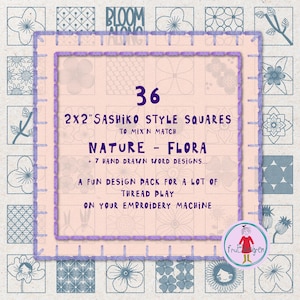 FLORA をテーマにした刺し子スタイルの正方形 – 手描きの 2 x 2 インチデザイン 36 個 + 単語正方形 7 個 + フィッティンググリッド – 機械刺繍 – 合計 43 個の正方形