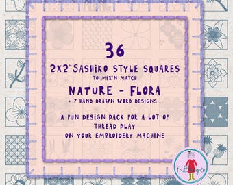 FLORA themed Sashiko Style Squares – 36 Hand Drawn 2x2&quot; Designs + 7 word squares + fitting grids  – Machine Embroidery – 43 squares total
