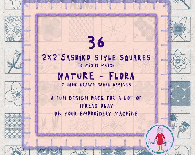 FLORA themed Sashiko Style Squares – 36 Hand Drawn 2x2" Designs + 7 word squares + fitting grids  – Machine Embroidery – 43 squares total