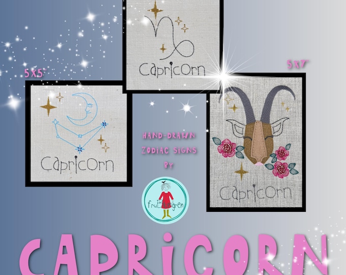 Capricorn Zodiac – Hand-drawn Machine Embroidery Designs – Small, detailed motifs
