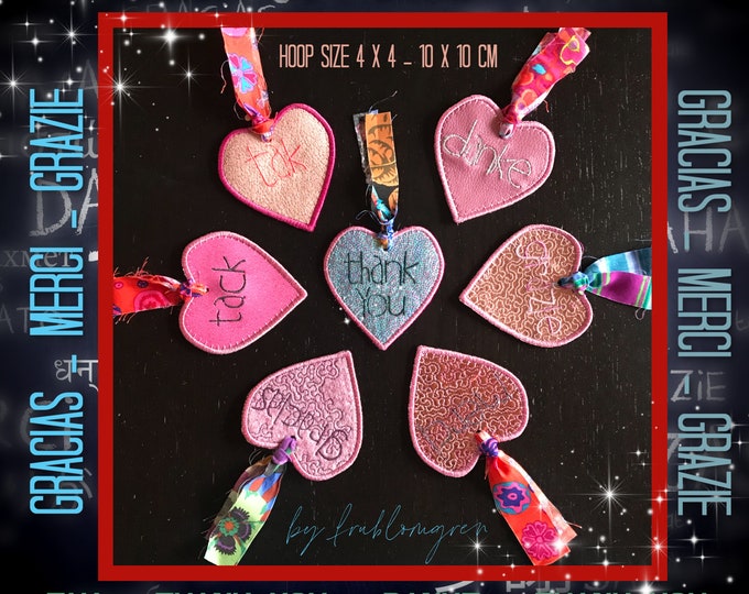 7 Heart-shaped Thank you tags ITH - ln 7 languages: English, German, Danish, Swedish, French, Spanish and Italian, tags or little cards ITH