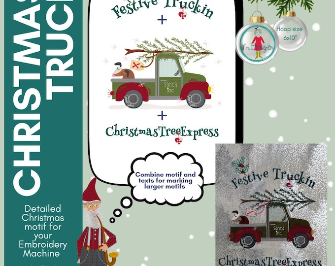 Festive Truckin Christmas Truck | Hand drawn 6x10 Appliqué Embroidery | Text Designs Included