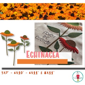 Könnte beinhalten: Gestickte Blume mit dem Text "flowers are essential" und dem Wort "ECHINACEA" in einem rosa Banner. Das Design ist in vier Größen erhältlich: 5x7 Zoll, 6x10 Zoll, 6x11 Zoll und 8x11 Zoll.
