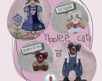 Cat Appliqué Machine Embroidery Designs, Hand Drawn Whimsical Fabric Cats, 5x7 Hoop
