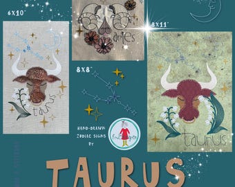 Taurus Zodiac - Hand-drawn Machine Embroidery Designs – a mix of embroidery and appliqué - Large, detailed motifs - 3 Hoop Sizes