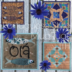 MUGRUGS ITH Portuguese Style Tiles as MugRugs ITH, Hand drawn designs, 5 motifs in 3 sizes: 5 x 5 6 x 6 and 8 x 8 zdjęcie 1