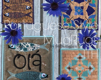 MUGRUGS ITH - Portuguese Style Tiles as MugRugs ITH, Hand drawn designs, 5 motifs in 3 sizes: 5 x 5" - 6 x 6" and 8 x 8"