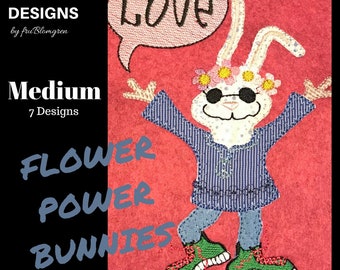 7 Medium Flower Power BUNNY Machine Embroidery designs - All fit the 5 x 7" (13 x 18 cm) hoop - Mix of Appliqués and Embroidery
