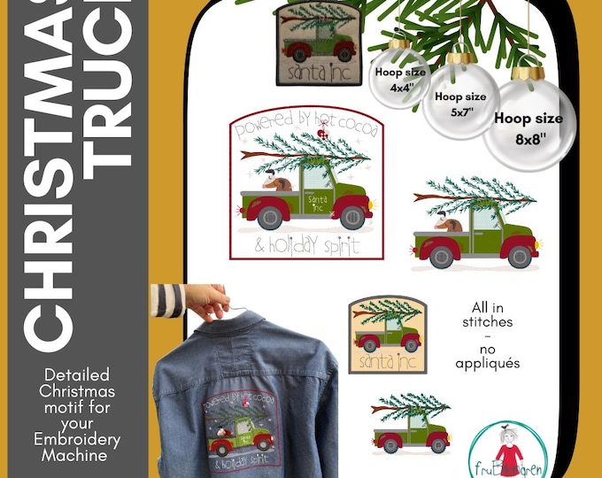 Small & Medium Christmas Truck Designs | 4x4, 5x7 and 8x8 | Hand drawn Machine Embroidery designs