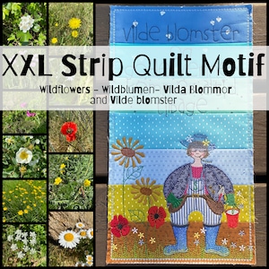 Op de afbeelding: XXL strip quilt motief met een patchwork ontwerp met een tuinman en wilde bloemen. De quilt heeft een blauw, geel en groen kleurenschema. De tekst "vilde blomster" is bovenaan geborduurd.