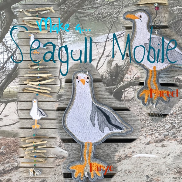 FS SEAGULLS for making a Summer Mobile with Drift wood, 2 different FS Machine Embroidery Designs of Whimsical seagulls, freestanding emb.