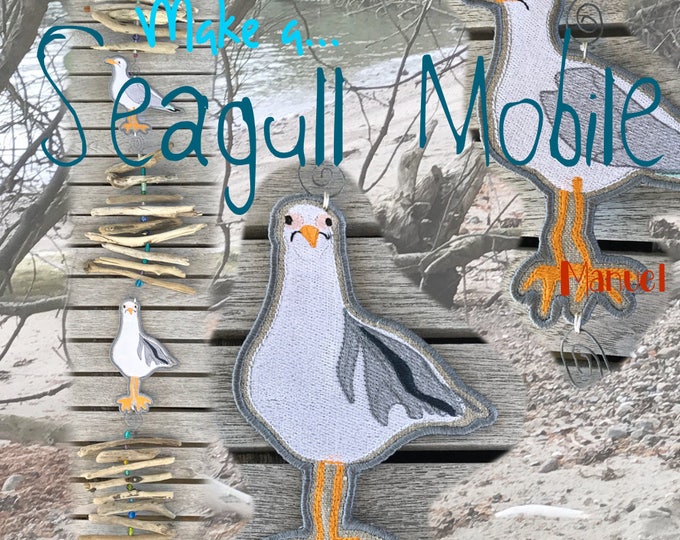 FS SEAGULLS for making a Summer Mobile with Drift wood, 2 different FS Machine Embroidery Designs of Whimsical seagulls, freestanding emb.