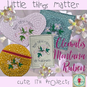 Projetos fofos da ITH para sua máquina de bordar: cartões, um MugRug em formato de coração e uma bolsa com zíper totalmente forrada com minha flor Clematis e texto
