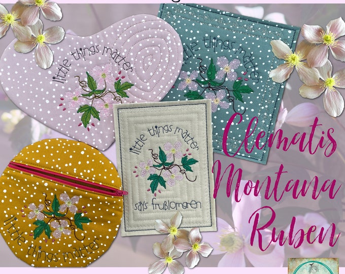 Cute ITH projects for your embroidery machine: cards, a heart shaped MugRug and a fully lined zipper purse with my Clematis flower and text