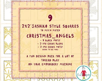 2x2” Christmas Sashiko Style Squares – ANGELS – Hand drawn Machine Embroidery Designs – 4 ITH Cards Included
