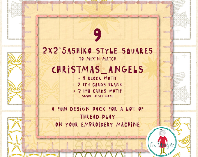 2x2” Christmas Sashiko Style Squares – ANGELS – Hand drawn Machine Embroidery Designs – 4 ITH Cards Included