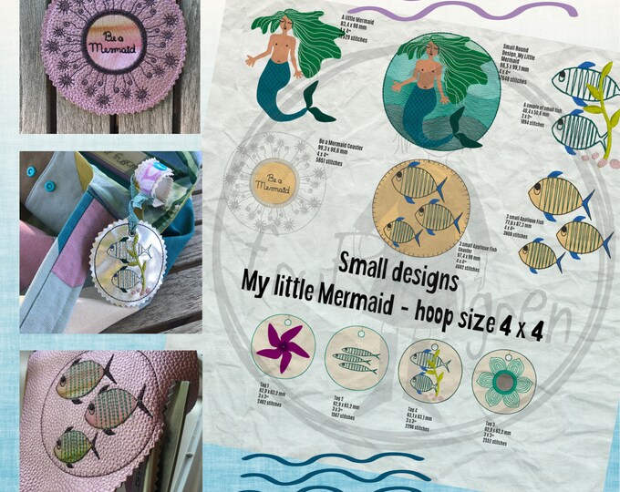 My Little Mermaid - SMALL designs - Design pack with 12 cute, hand drawn Mermaid and Fish designs for the 4 x 4" - 10 x 10 cm hoop size