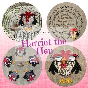 Harriet the Hen - 4 urocze, fantazyjne wzory do haftu maszynowego z moją małą kochaną kurą Harriet, połączenie aplikacji i haftu
