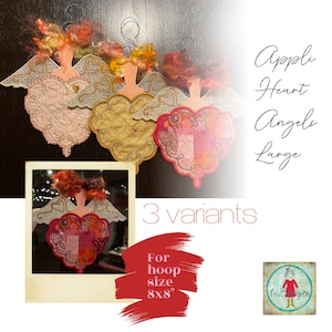 以下が含まれることがあります： 機械刺繍用のアップリケハートエンジェルデザインの3つのバリエーション。エンジェルは大きく、ハート型のデザインに翼が付いています。デザインは8x8インチのフープ用です。