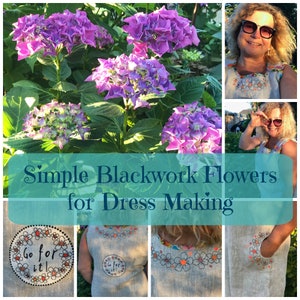 May include: A collage of images showing a simple blackwork flower embroidery design for dressmaking. The design features small, stylized flowers with orange and black thread. The images show the design on a linen dress, a close-up of the embroidery, and a woman wearing the dress. The text "Go for it!" is also included in the design.