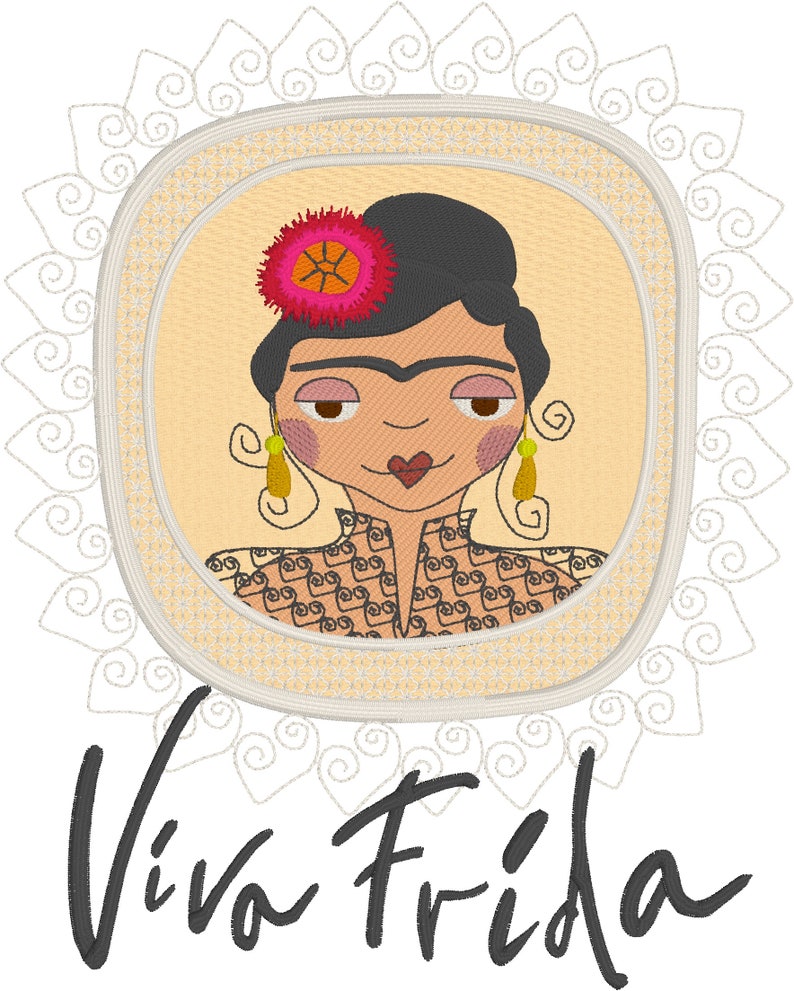Puede incluir: Una imagen bordada colorida de Frida Kahlo con una flor en el pelo, rodeada de un marco decorativo. El texto "Viva Frida" est&aacute; escrito debajo de la imagen.