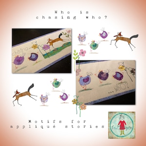 Può includere: Un set di motivi di appliqué per raccontare storie, con una volpe che insegue dei polli. I motivi sono fatti di tessuto e sono ricamati con dettagli. L'immagine include il testo "Chi insegue chi?" e "...chi?"